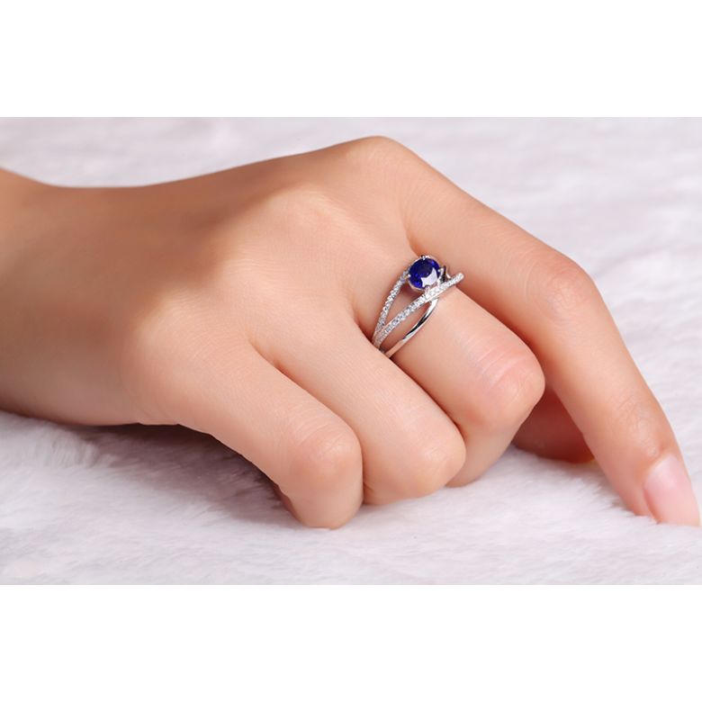 Solitario Composto Sharmini - Oro Bianco, Diamanti & Zaffiro Ovale - 3