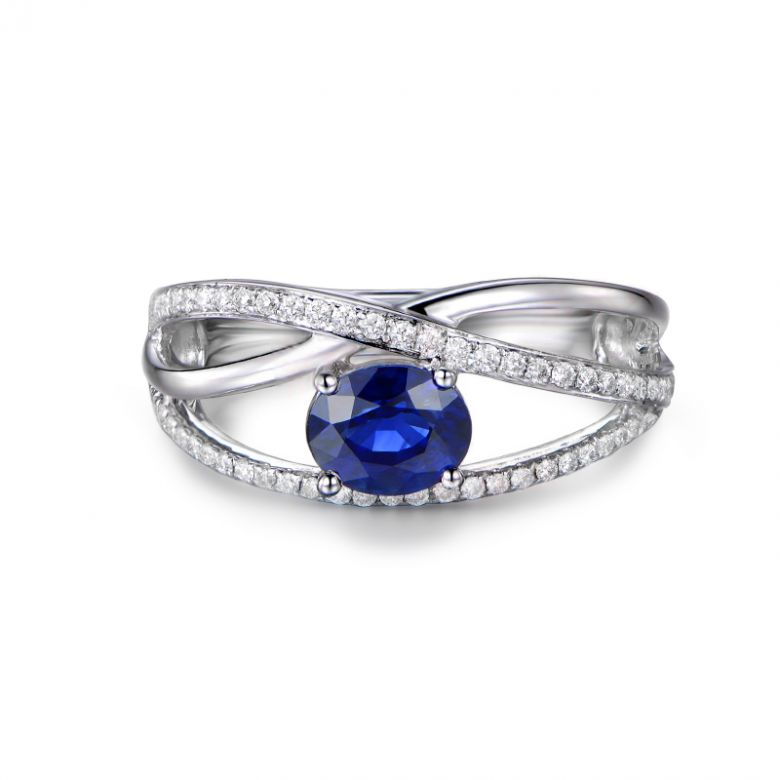 Solitario Composto Sharmini - Oro Bianco, Diamanti & Zaffiro Ovale - 7