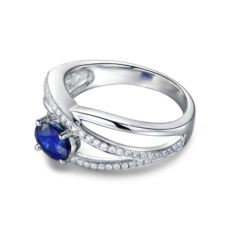 Solitario Composto Sharmini - Oro Bianco, Diamanti & Zaffiro Ovale - 8