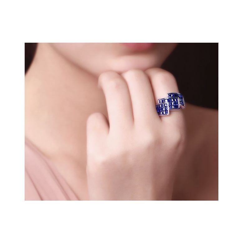 Anello Simone de Beauvoir - Oro Bianco e Pavé Zaffiri Princess a Binario - 2