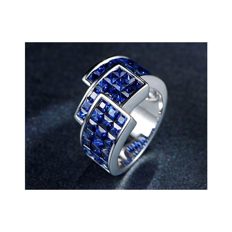 Anello Simone de Beauvoir - Oro Bianco e Pavé Zaffiri Princess a Binario - 4