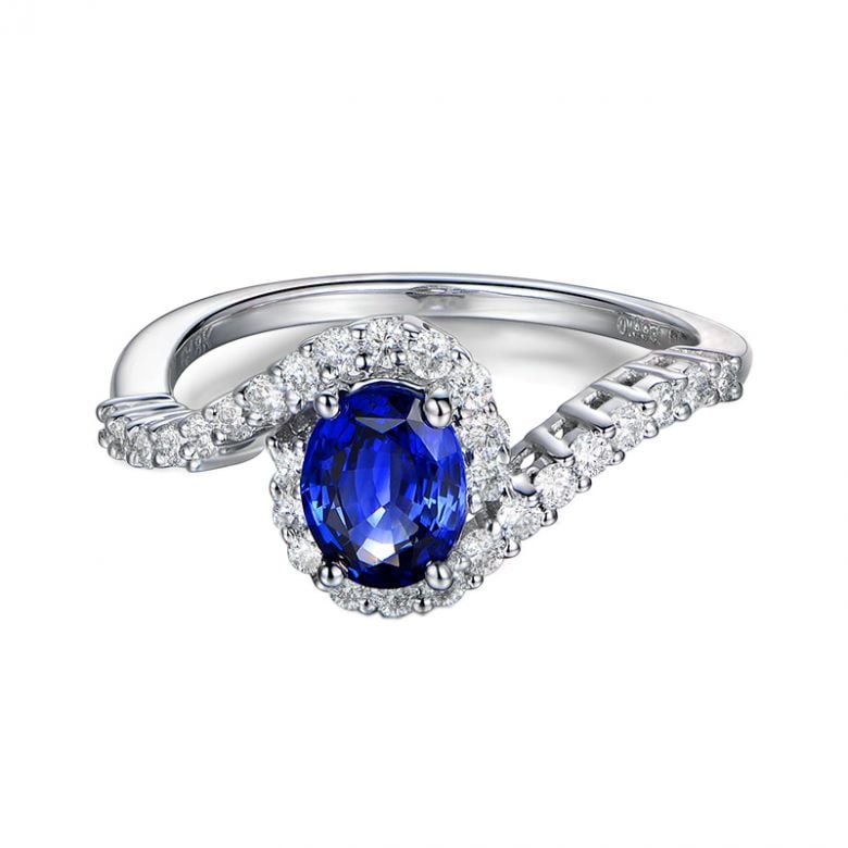 Solitario Composto Eye - Oro Bianco, Diamanti & Zaffiro Ovale - 4