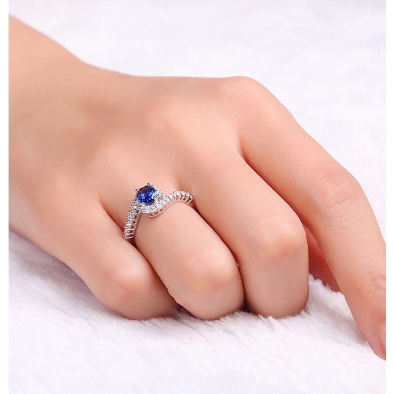 Solitario Composto Eye - Oro Bianco, Diamanti & Zaffiro Ovale - 2