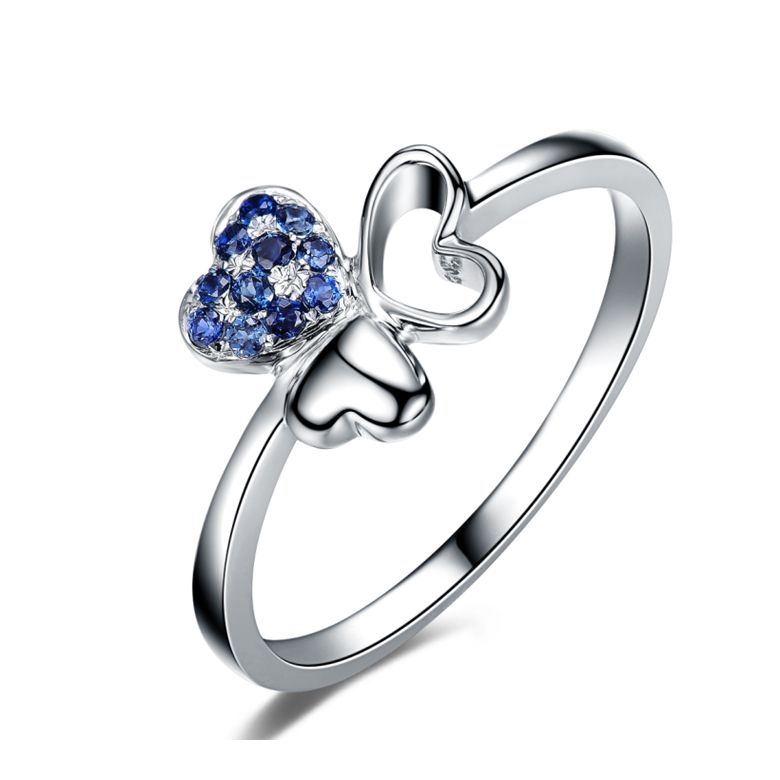 Anello da Donna Cuore di Trifoglio - Oro Bianco & Zaffiri Blu - 1