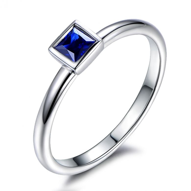 Anello Quadrato Blu - Oro Bianco & Zaffiro Princess Solitario - 1