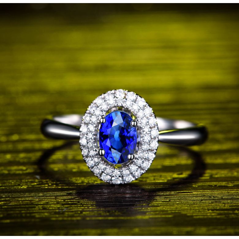 Anello Nasride - Oro Bianco, Diamanti & Zaffiro Blu - 2