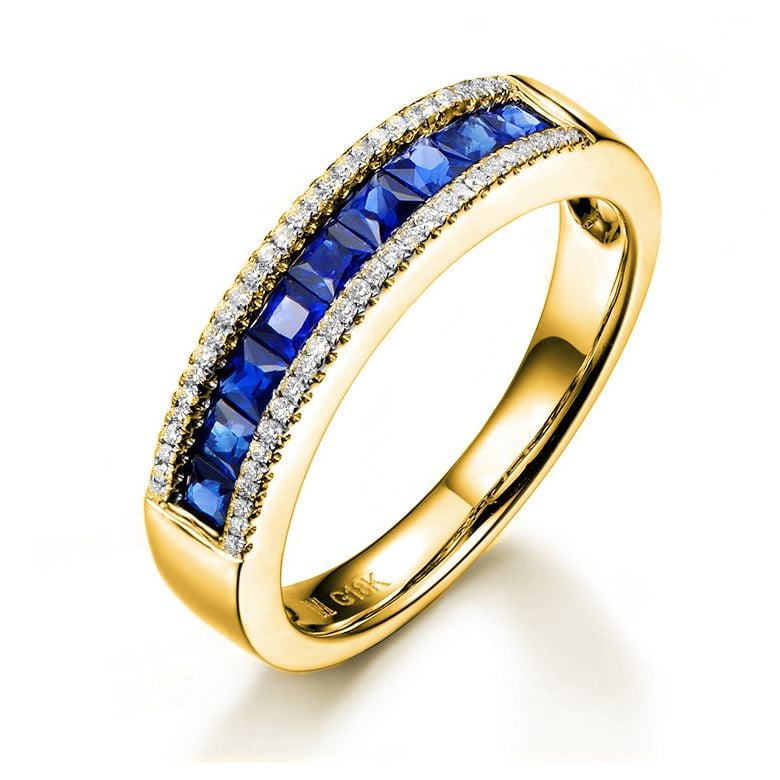 Anello Luce Blu - Oro Giallo, Riviera di Zaffiri Princess a Binario & Diamanti - 1
