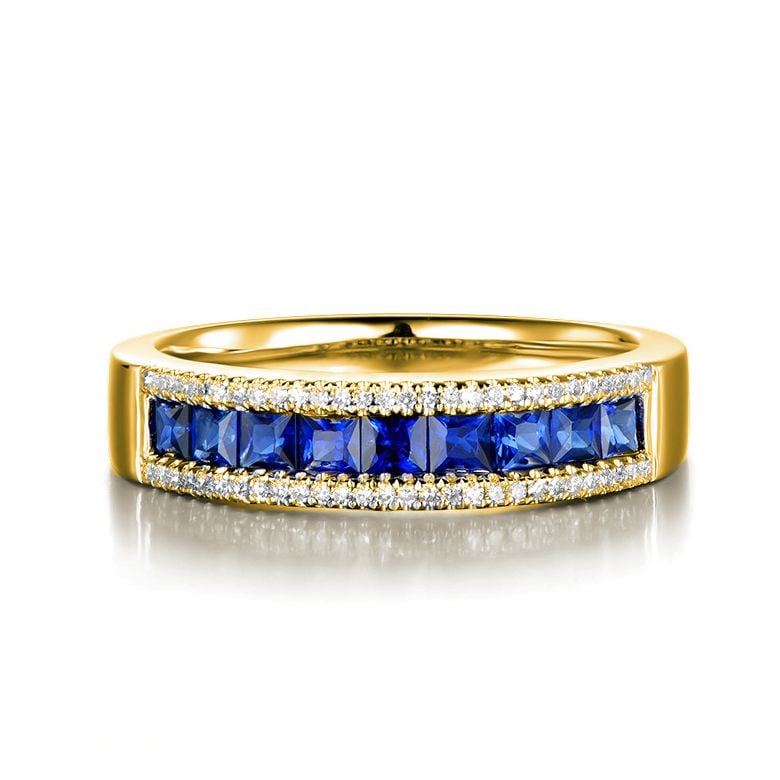 Anello Luce Blu - Oro Giallo, Riviera di Zaffiri Princess a Binario & Diamanti - 2