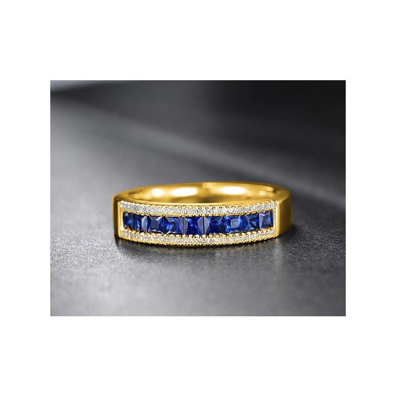 Anello Luce Blu - Oro Giallo, Riviera di Zaffiri Princess a Binario & Diamanti - 4