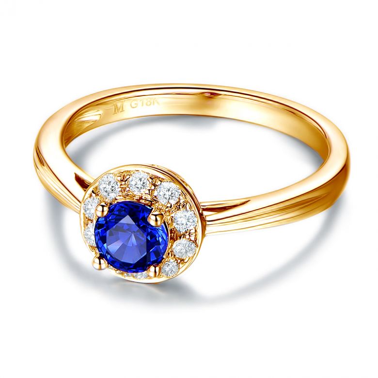 Anello Solitario Composto Kandy - Oro Giallo, Diamanti & Zaffiro Blu - 9