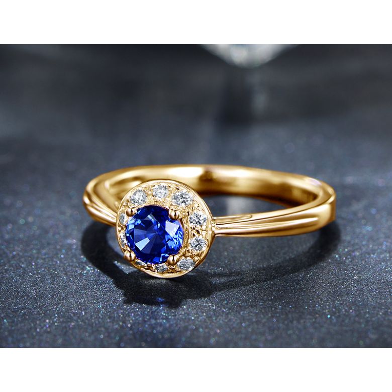 Anello Solitario Composto Kandy - Oro Giallo, Diamanti & Zaffiro Blu - 6