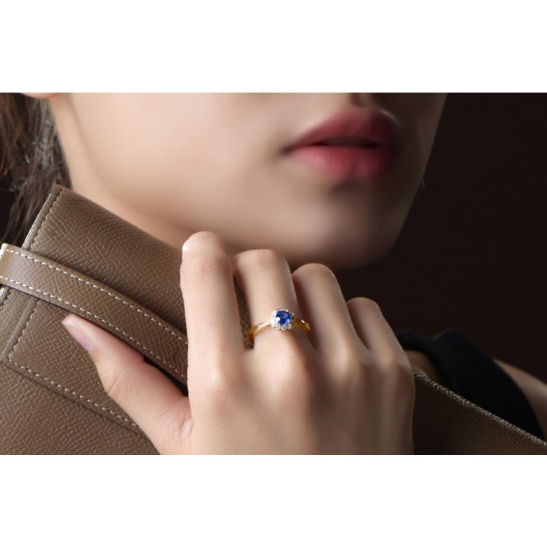 Anello Solitario Composto Kandy - Oro Giallo, Diamanti & Zaffiro Blu - 5