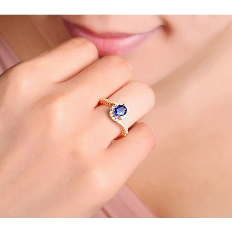 Solitario Composto Eye - Oro Giallo, Diamanti & Zaffiro Ovale - 2