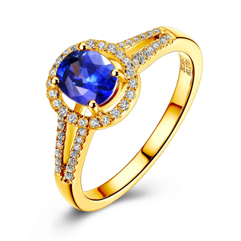 Anello Solitario Composto Mahaweli - Oro Giallo, Diamanti & Zaffiro - 1