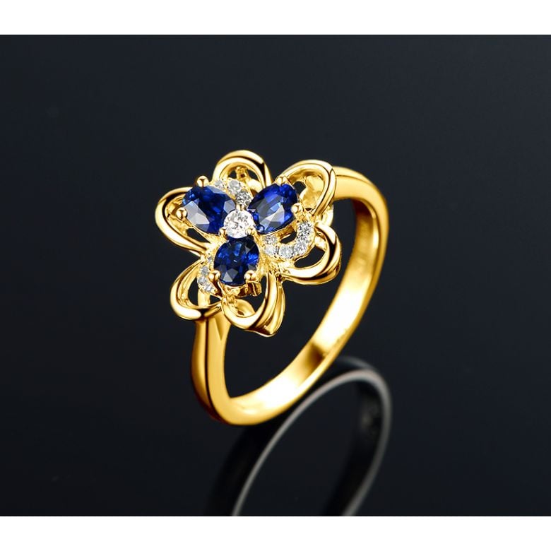Anello da Donna Anemone - Oro Giallo, Diamanti & Zaffiri Ovali - 4