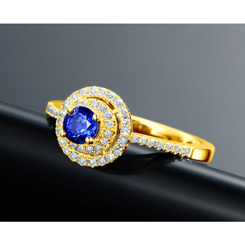 Anello Solitario Composto Mystic Blue - Oro Giallo, Diamanti & Zaffiro Blu - 6