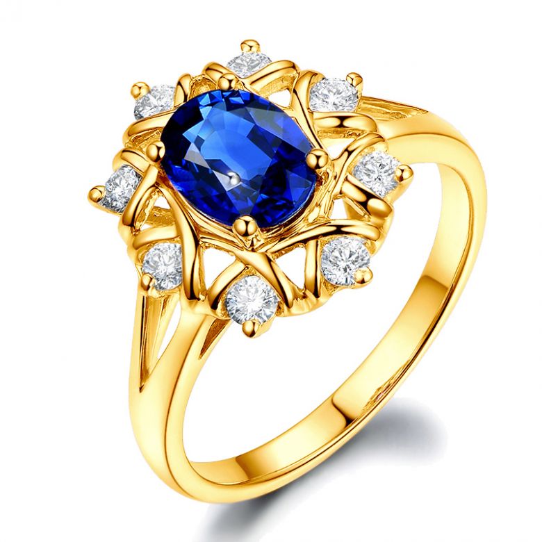 Solitario Composto Printaniere - Oro Giallo, Diamanti & Zaffiro Ovale - 1