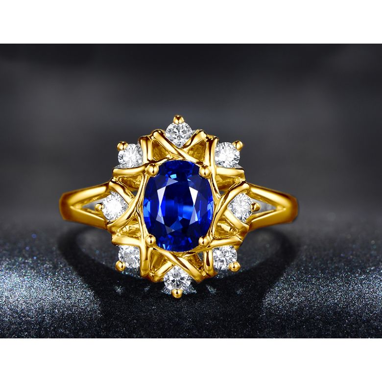 Solitario Composto Printaniere - Oro Giallo, Diamanti & Zaffiro Ovale - 9
