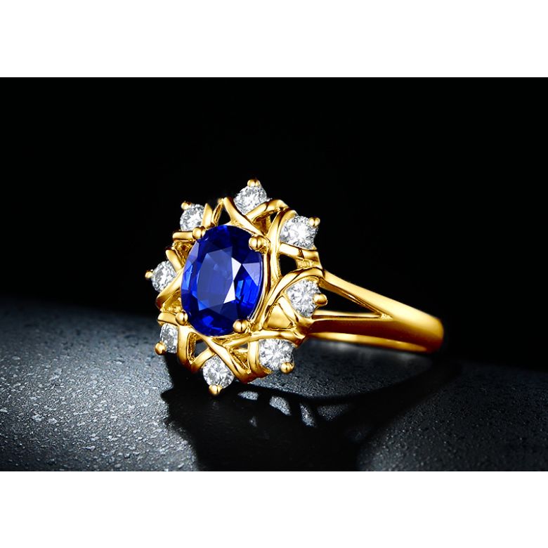 Solitario Composto Printaniere - Oro Giallo, Diamanti & Zaffiro Ovale - 6