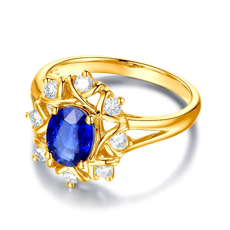 Solitario Composto Printaniere - Oro Giallo, Diamanti & Zaffiro Ovale - 12