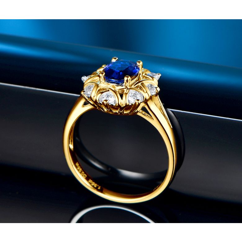 Solitario Composto Printaniere - Oro Giallo, Diamanti & Zaffiro Ovale - 7