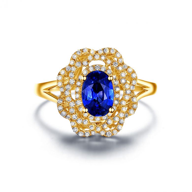Solitario Composto Bloom Flower - Oro Giallo,  Diamanti & Zaffiro Ovale - 8