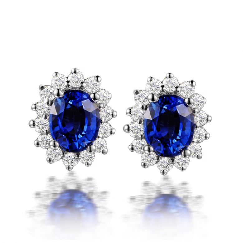 Orecchino fiore de bleuet Zaffiro, diamante oro bianco - 1