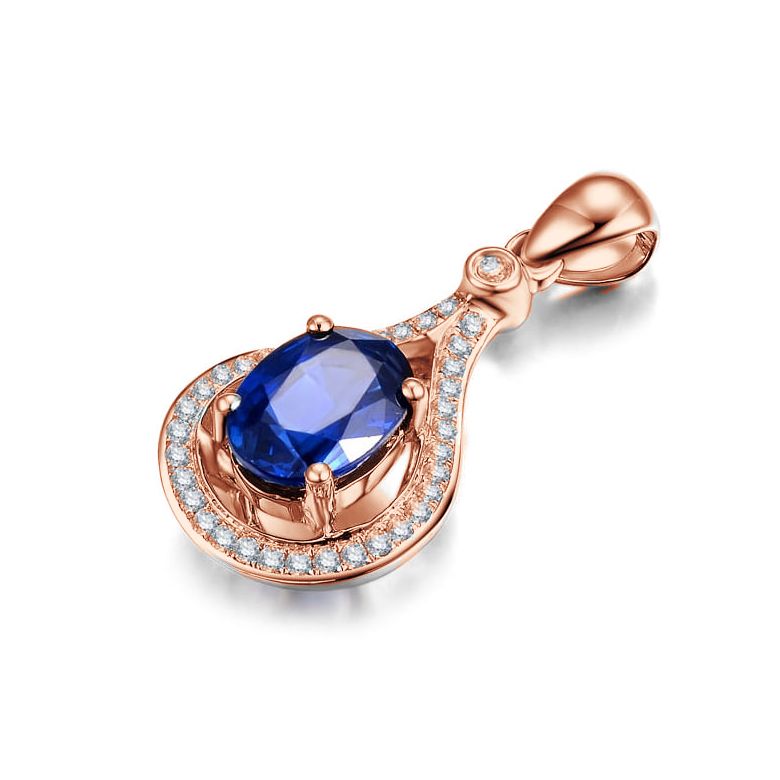 Zaffiro e Diamanti su Oro Rosa - Ciondolo Ovale - 2
