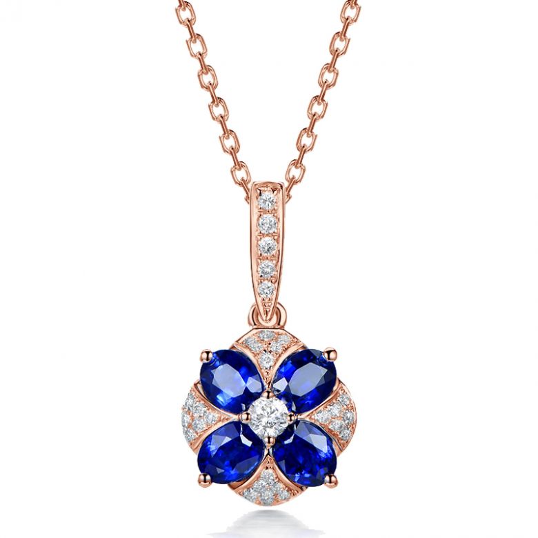 Ciondolo Solitario Fiore Blu. Oro rosa, Zaffiri e Diamanti - 1