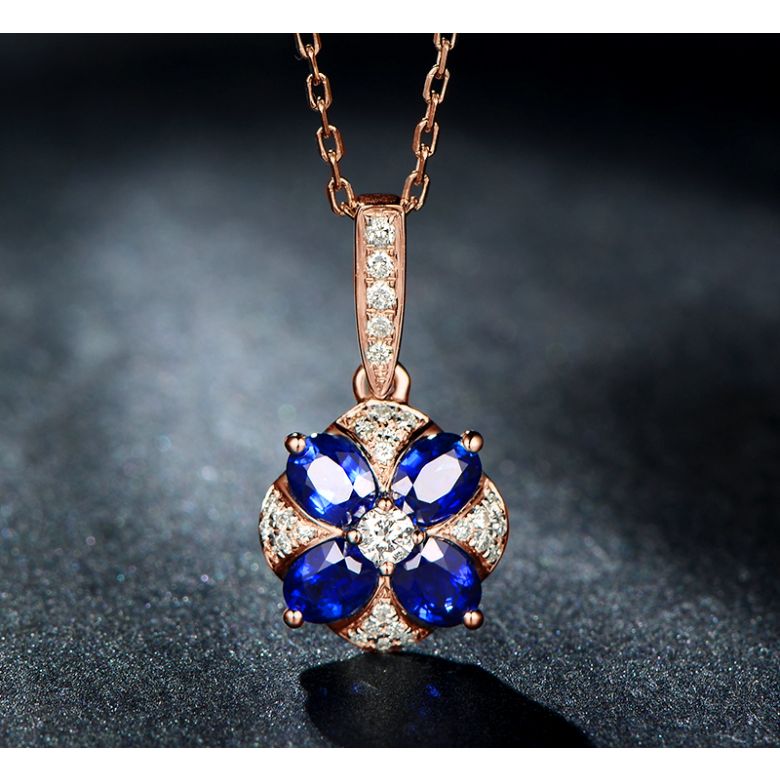 Ciondolo Solitario Fiore Blu. Oro rosa, Zaffiri e Diamanti - 3