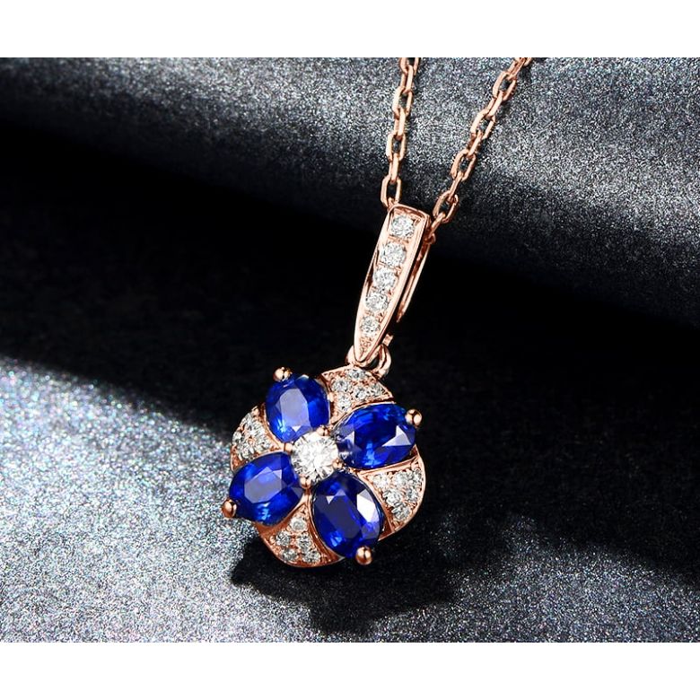 Ciondolo Solitario Fiore Blu. Oro rosa, Zaffiri e Diamanti - 5