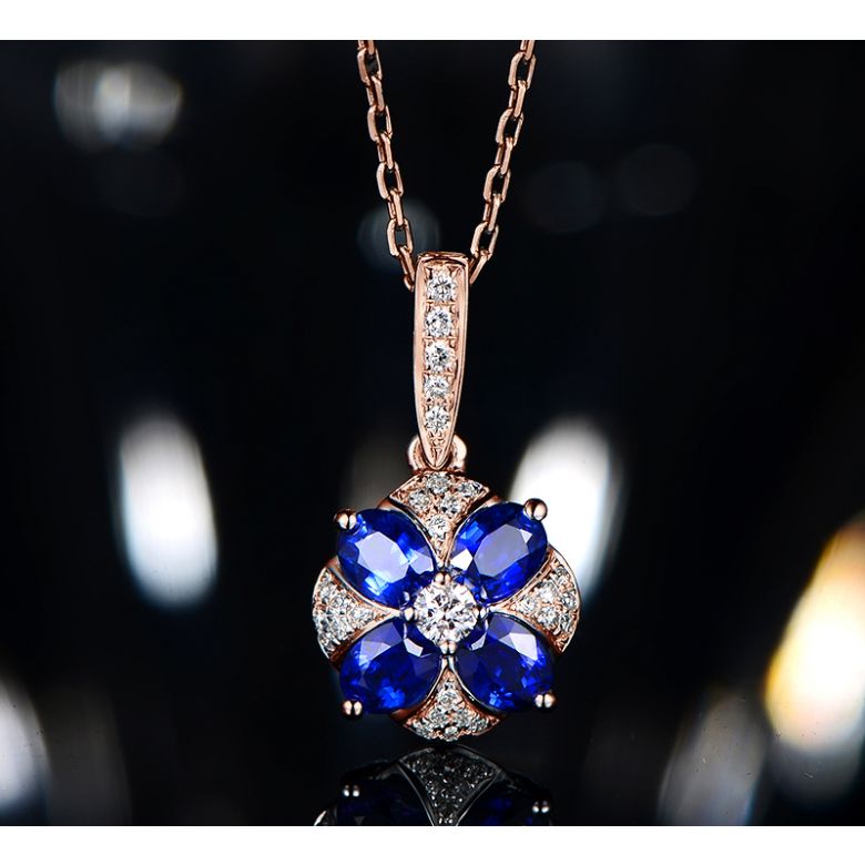 Ciondolo Solitario Fiore Blu. Oro rosa, Zaffiri e Diamanti - 7