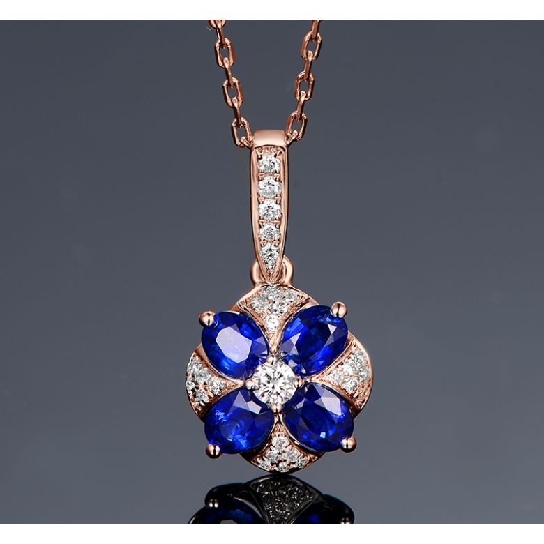 Ciondolo Solitario Fiore Blu. Oro rosa, Zaffiri e Diamanti - 8
