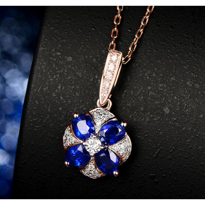 Ciondolo Solitario Fiore Blu. Oro rosa, Zaffiri e Diamanti - 9