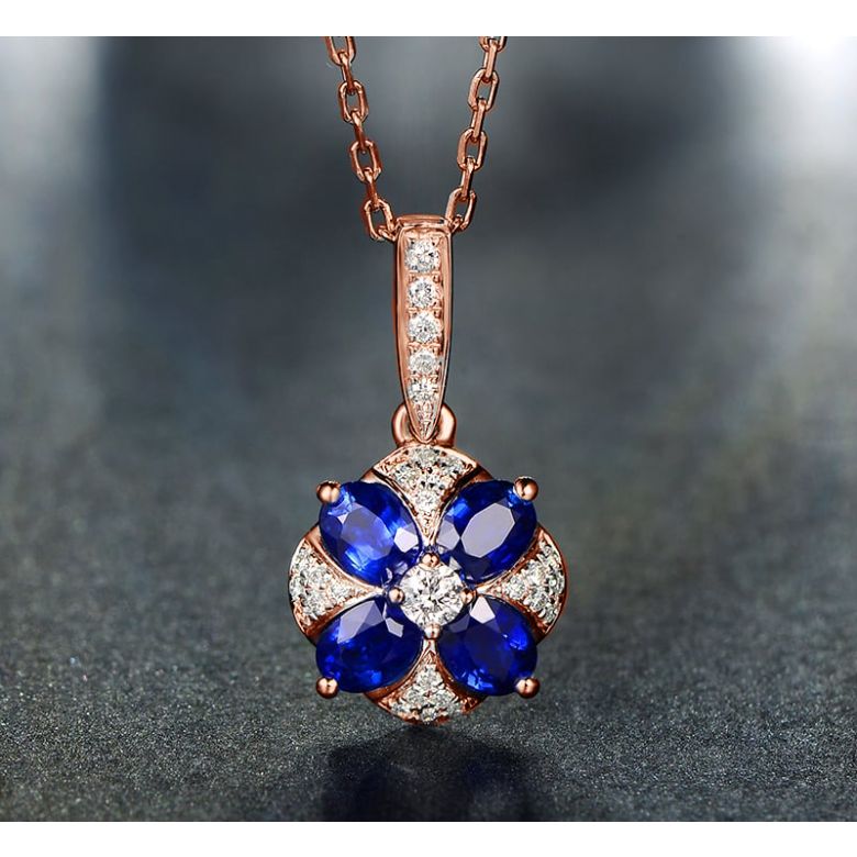 Ciondolo Solitario Fiore Blu. Oro rosa, Zaffiri e Diamanti - 10