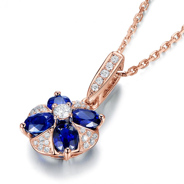 Ciondolo Solitario Fiore Blu. Oro rosa, Zaffiri e Diamanti - 11