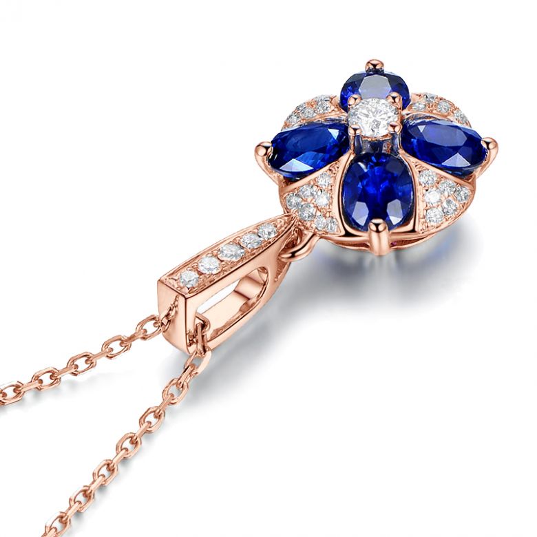 Ciondolo Solitario Fiore Blu. Oro rosa, Zaffiri e Diamanti - 12