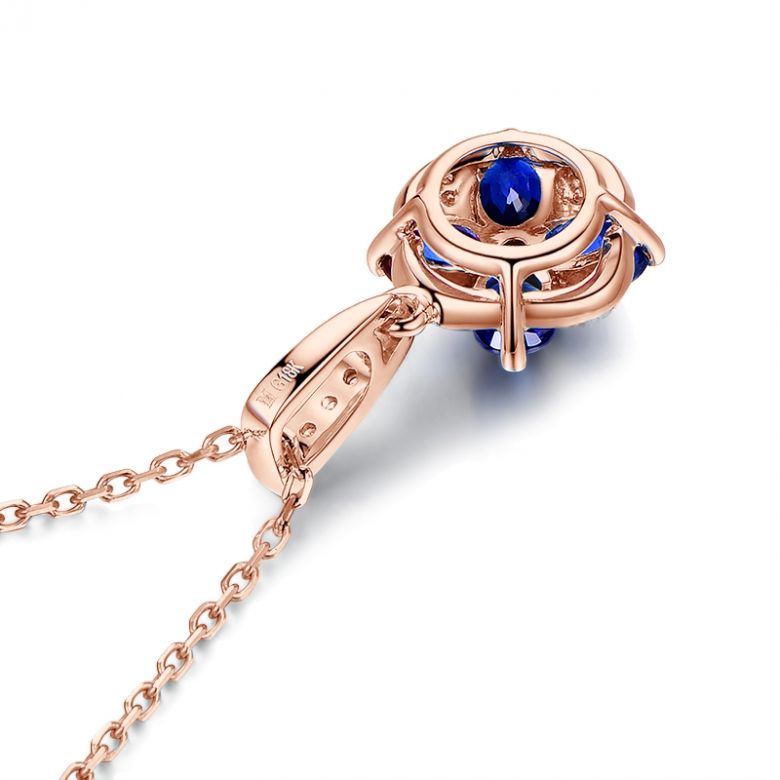 Ciondolo Solitario Fiore Blu. Oro rosa, Zaffiri e Diamanti - 13