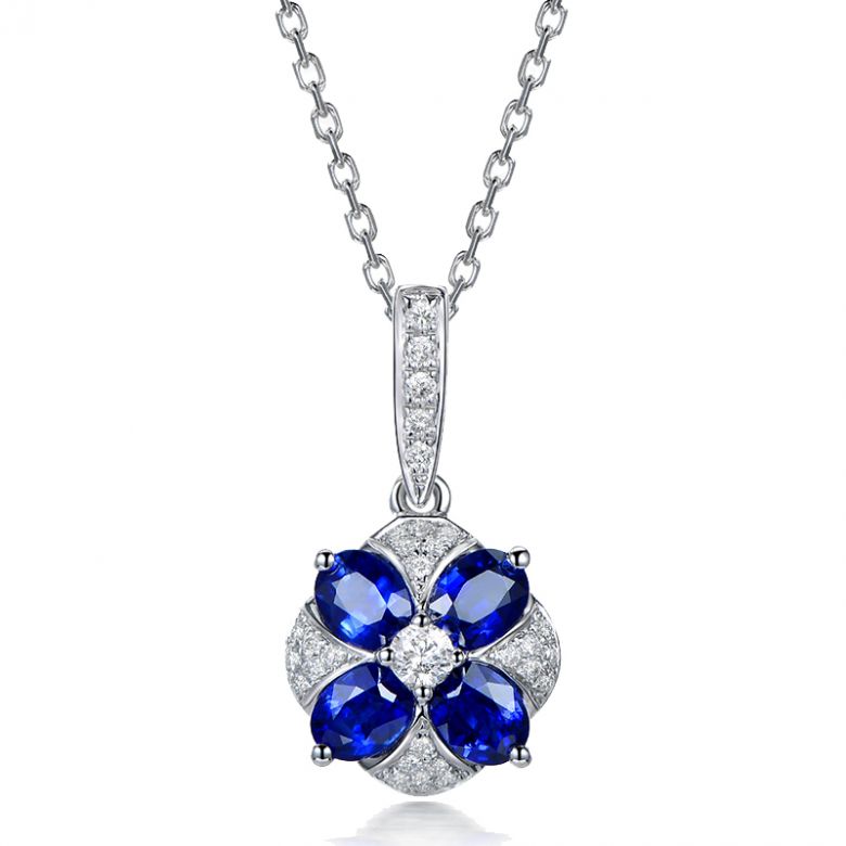 Ciondolo Solitario Fiore Blu. Oro bianco, Zaffiri e Diamanti - 1