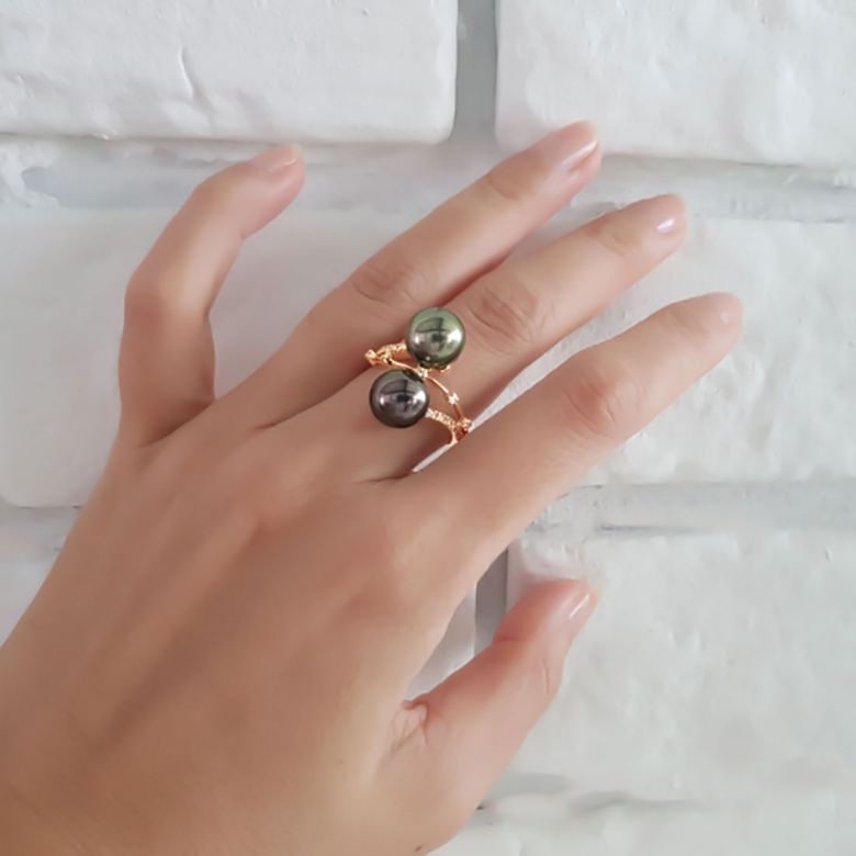 Anello Crooked - Oro Bianco, Diamanti e Perla di Tahiti - 4